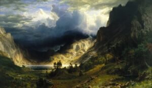 Albert Bierstadt "Audra uoliniuose kalnuose"