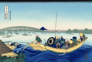 Katsushika Hokusai "Saulėlydis anapus Ryogoku tilto"